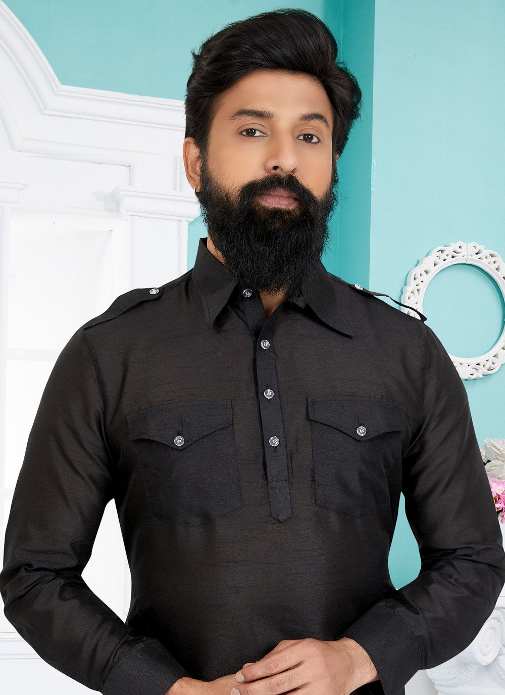 Kurta Pyjama Dupion Silk Black Plain Mens