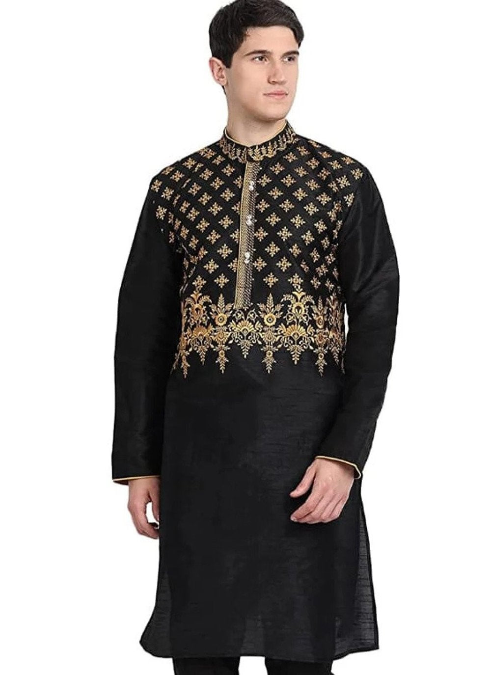 Kurta Art Dupion Silk Black Embroidered Mens