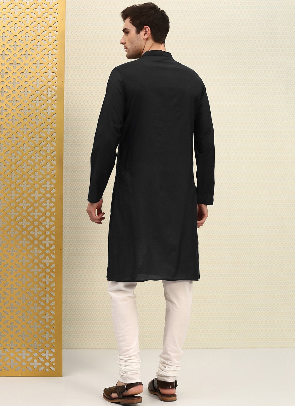 Kurta Pyjama Blended Cotton Black Embroidered Mens