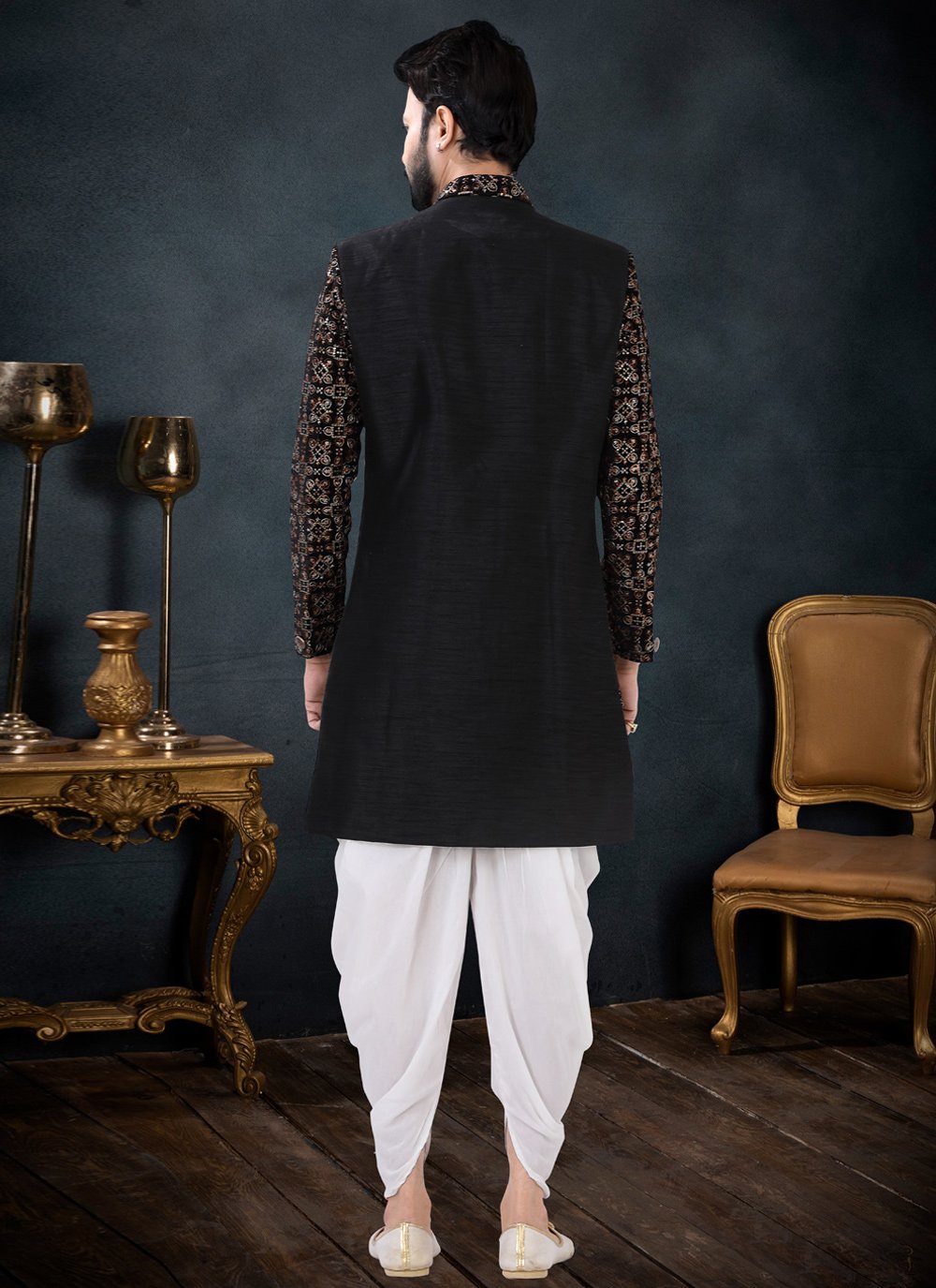 Indo Western Sherwani Silk Velvet Black Embroidered Mens