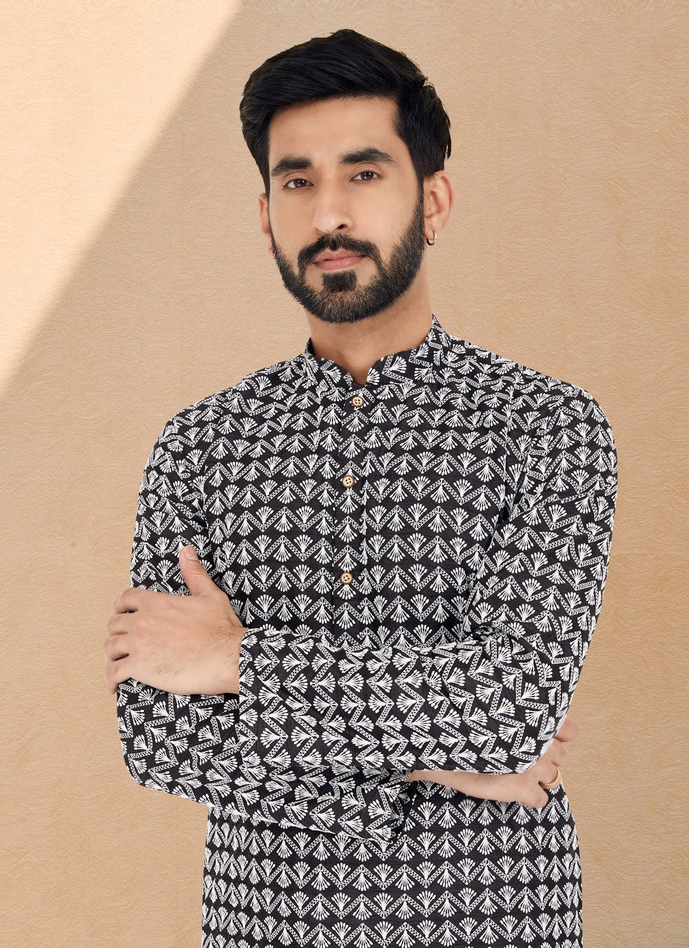 Kurta Pyjama Cotton Silk Black Embroidered Mens