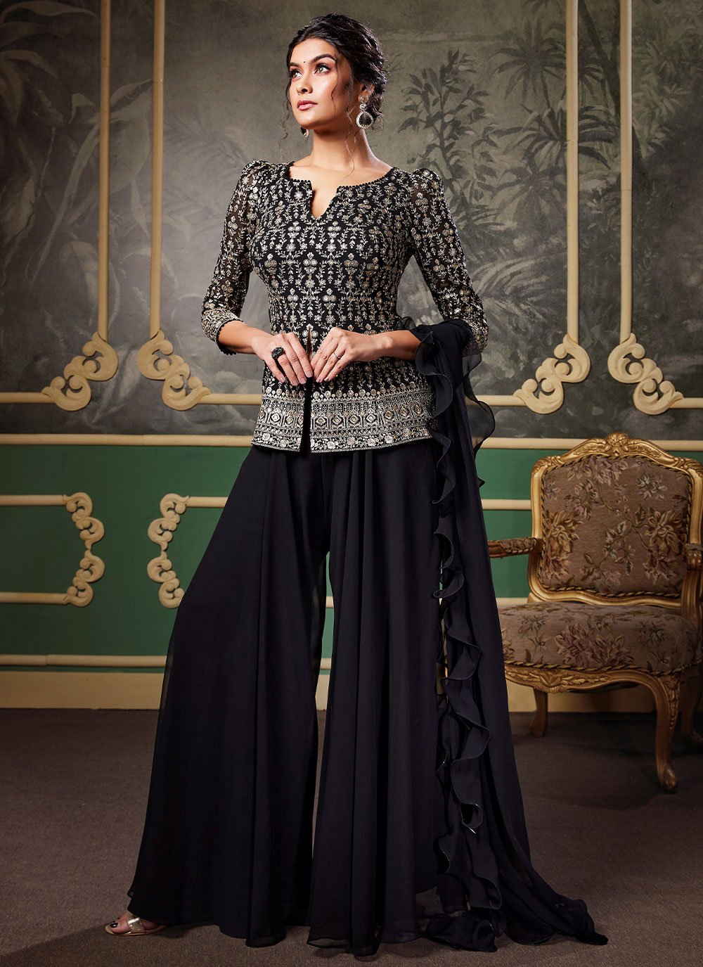 Palazzo Salwar Suit Georgette Black Embroidered Salwar Kameez