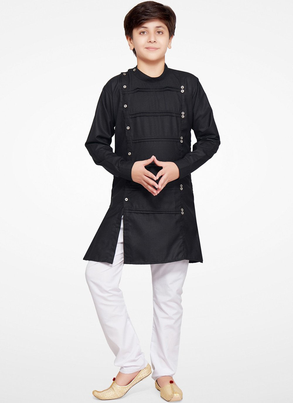 Kurta Pyjama Blended Cotton Black Embroidered Kids