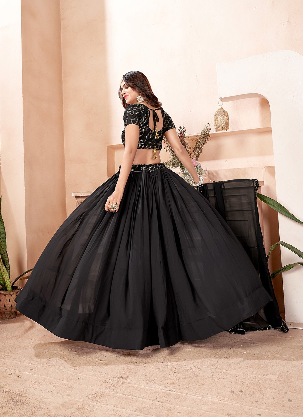 A Line Lehenga Faux Georgette Black Embroidered Lehenga Choli