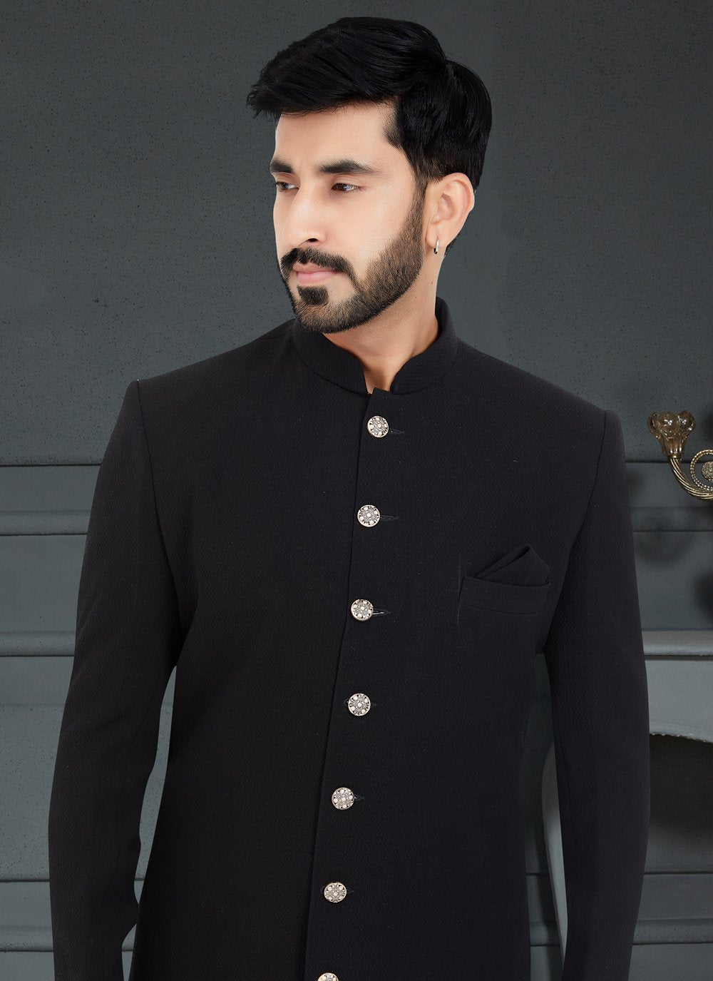 Indo Western Imported Jacquard Black Fancy Work Mens