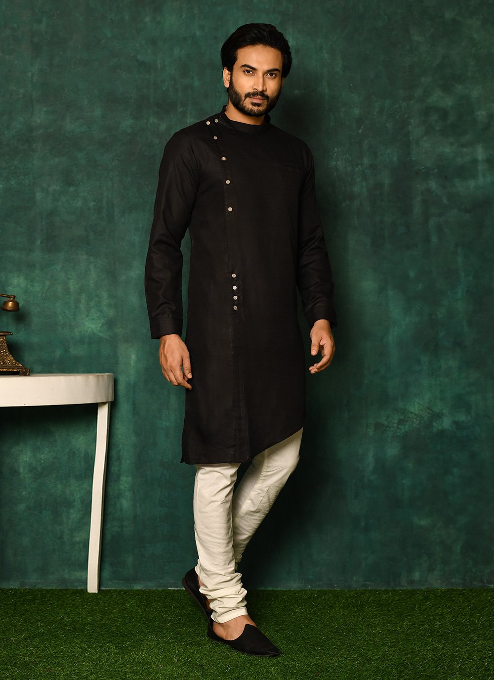 Kurta Pyjama Cotton Black Fancy Work Mens