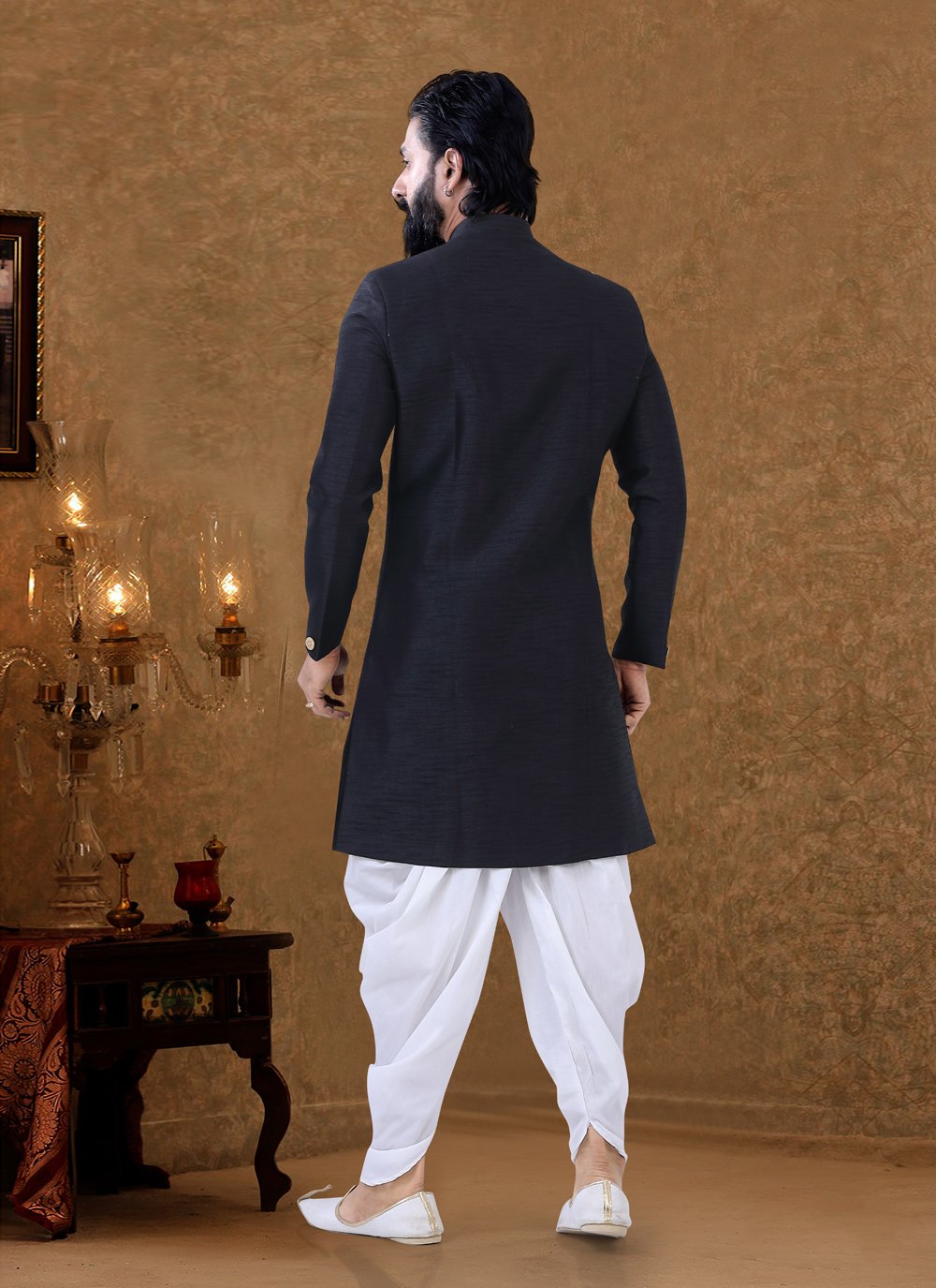 Dhoti Kurta Silk Black Fancy Work Mens
