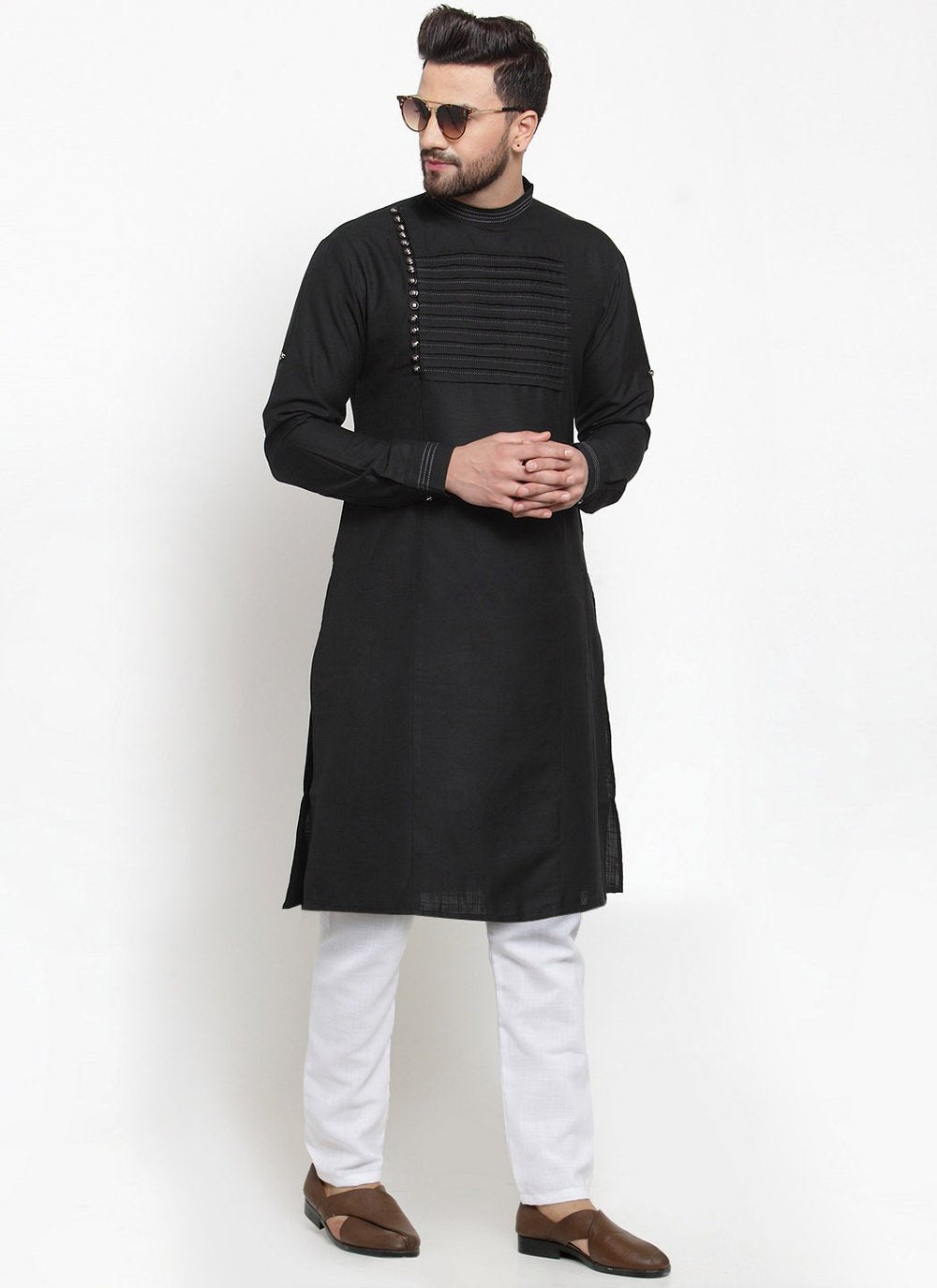 Kurta Pyjama Blended Cotton Black Embroidered Mens