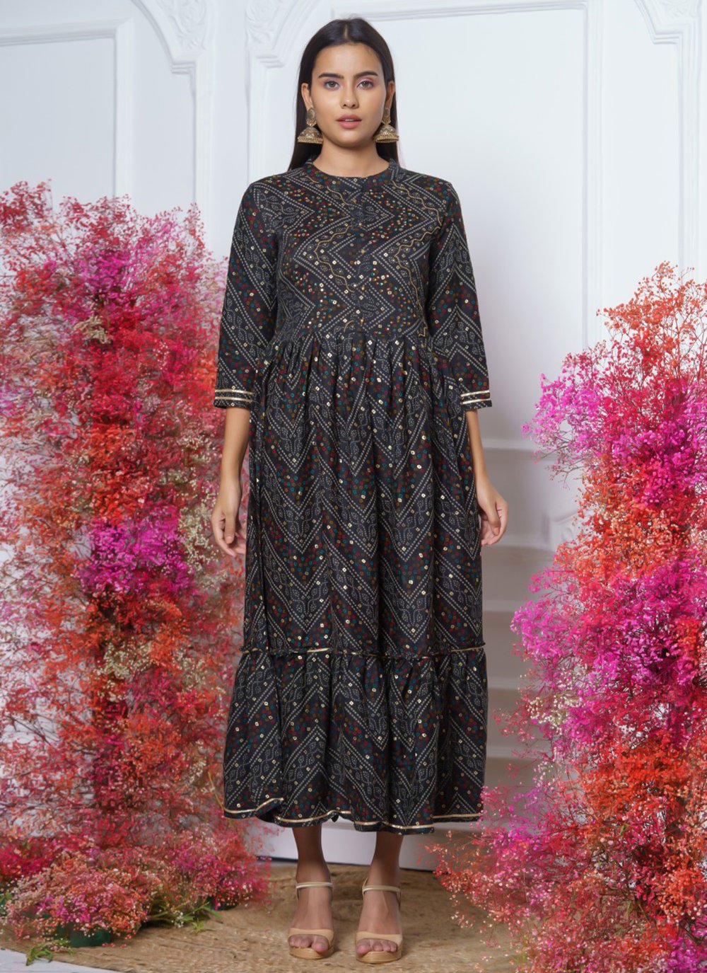 Casual Kurti Rayon Black Floral Patch Kurtis