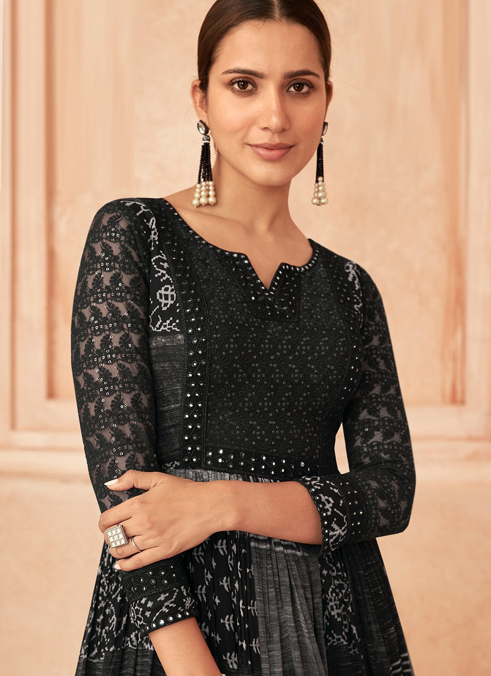 Gown Georgette Black Embroidered Gown