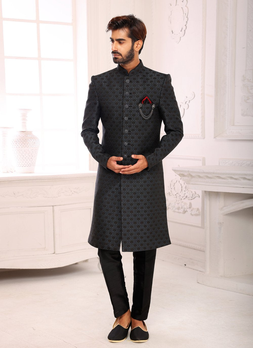 Indo Western Sherwani Imported Black Jacquard Work Mens
