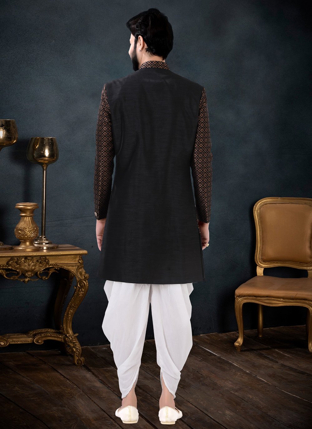 Indo Western Sherwani Jacquard Silk Black Woven Mens