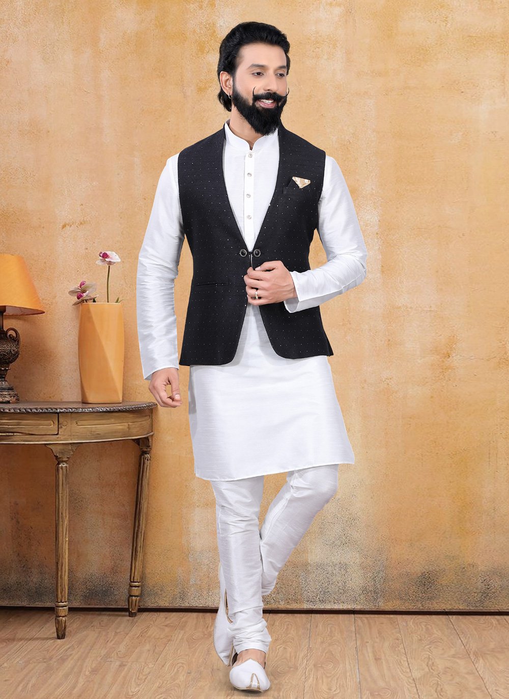 Nehru Jackets Jacquard Black Fancy Work Mens
