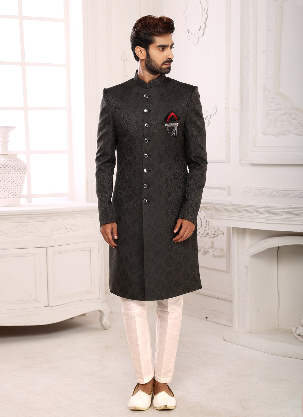 Indo Western Imported Jacquard Black Embroidered Mens