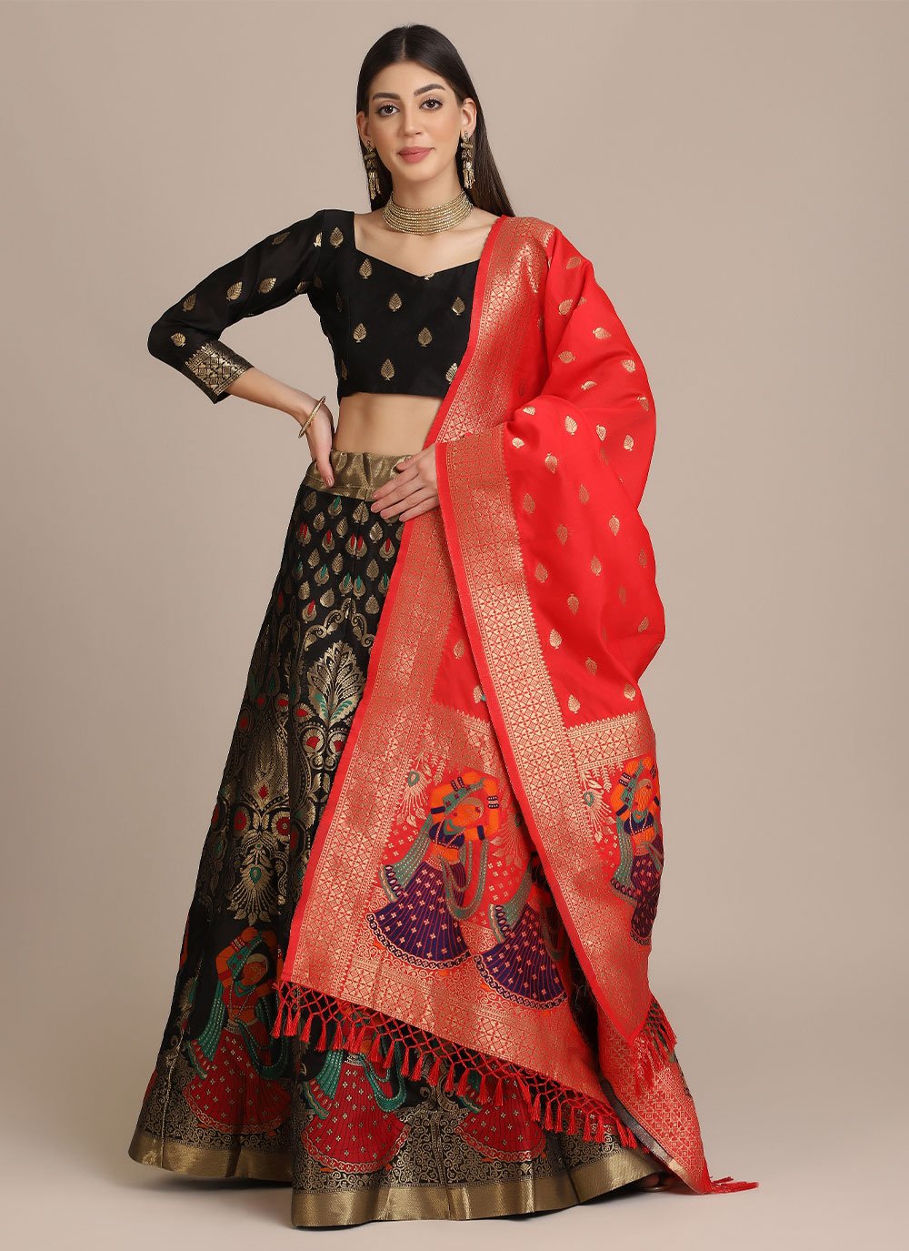 Lehenga Choli Jacquard Black Woven Lehenga Choli