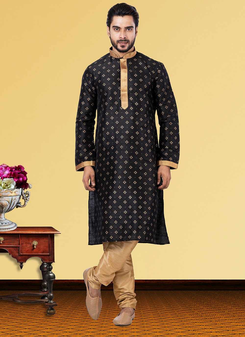 Kurta Pyjama Dupion Silk Black Print Mens
