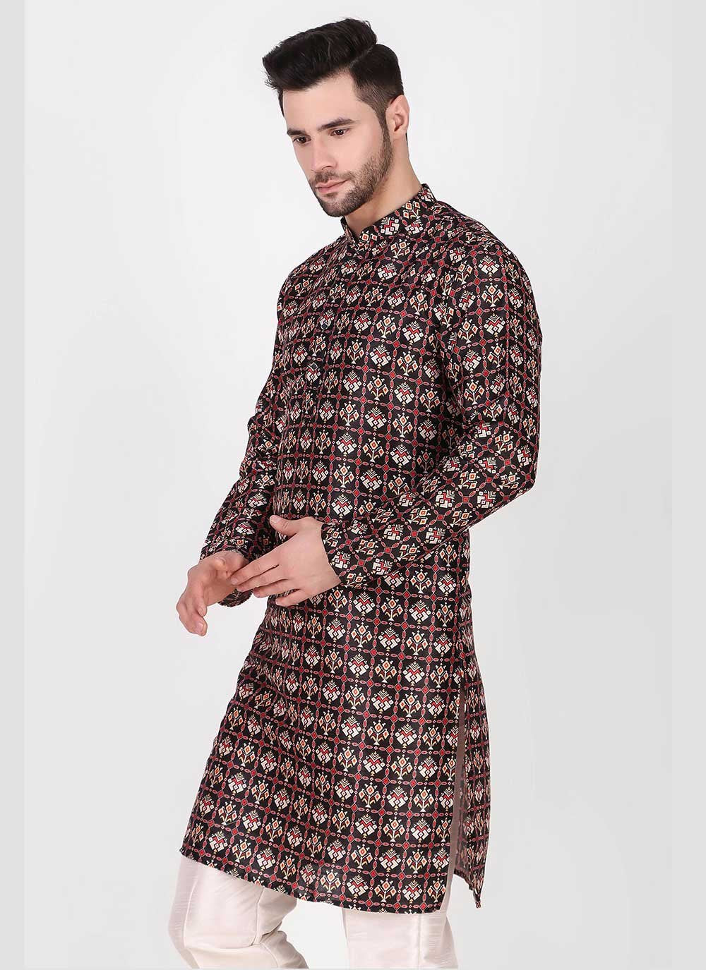 Kurta Pyjama Art Silk Black Print Mens