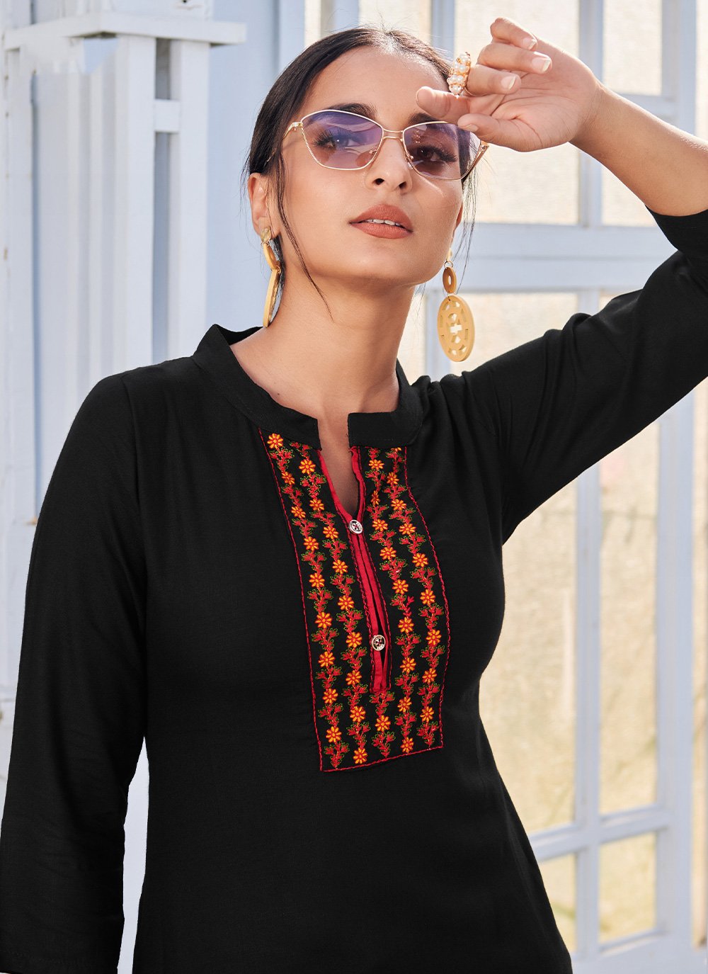 Designer Party Wear Kurti Rayon Black Embroidered Kurtis