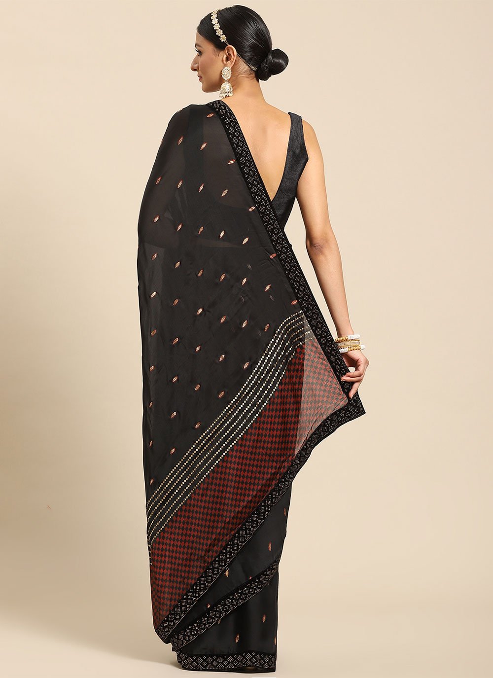 Classic Faux Crepe Black Polka Dotted Saree