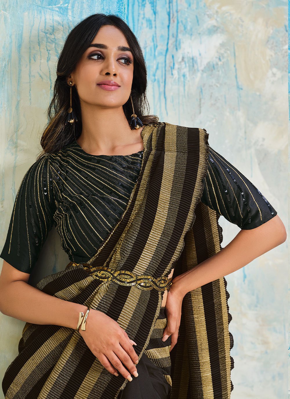 Contemporary Satin Silk Black Fancy Work Saree