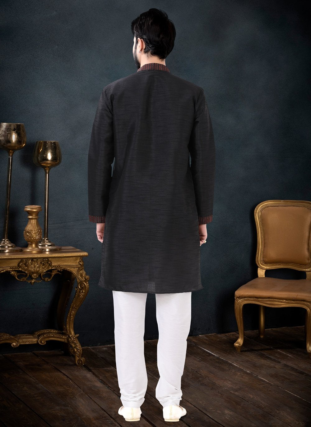 Kurta Pyjama Silk Black Patch Border Mens