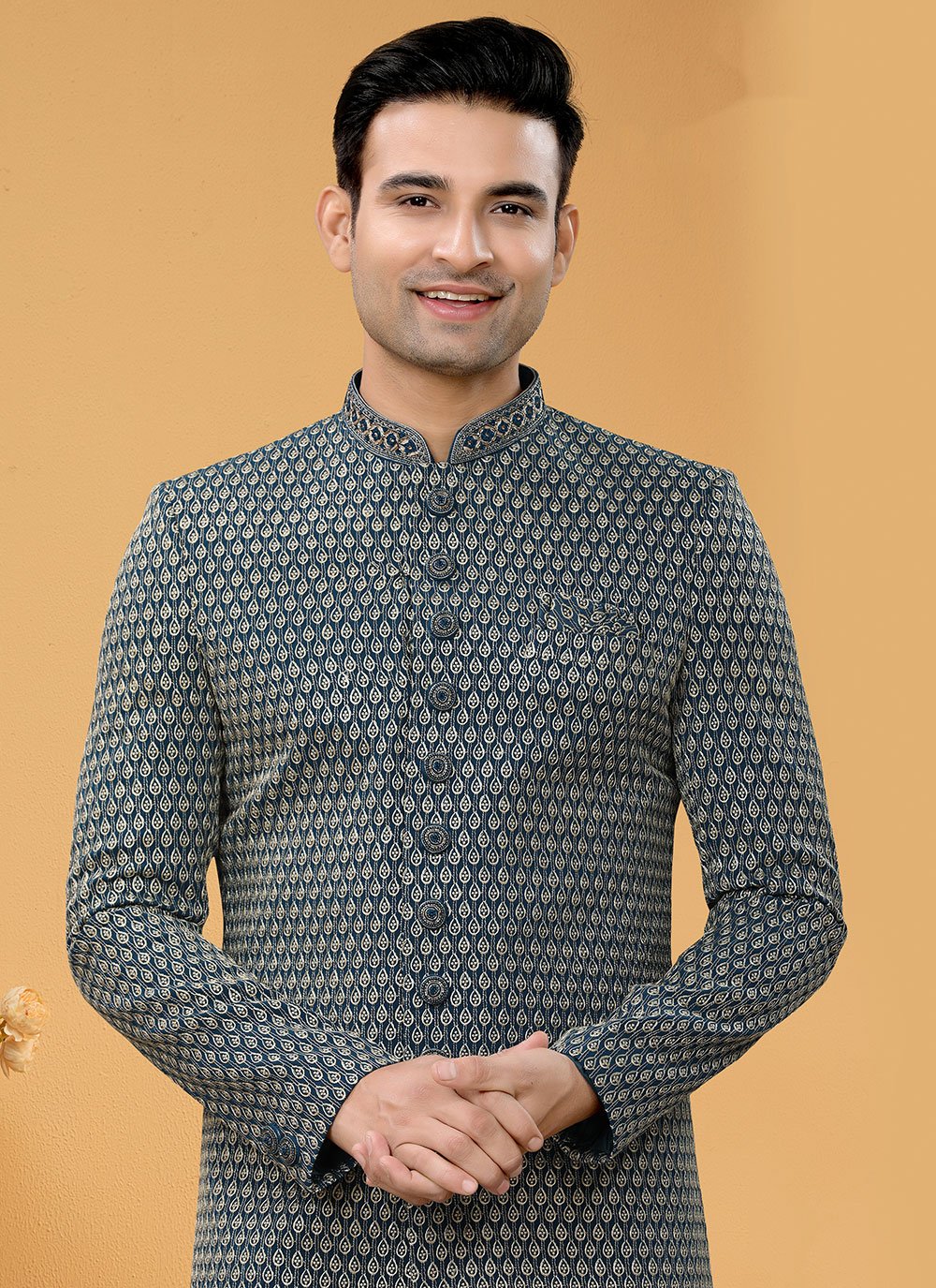 Indo Western Sherwani Fancy Fabric Black Hand Work Mens