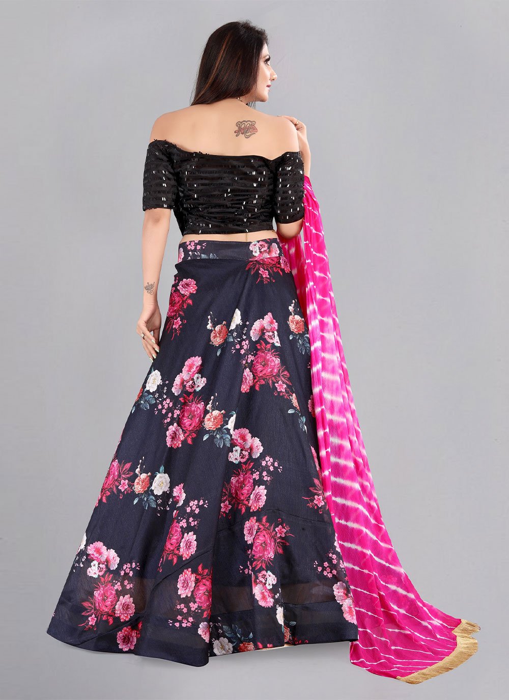 A Line Lehenga Banglori Silk Black Floral Patch Lehenga Choli
