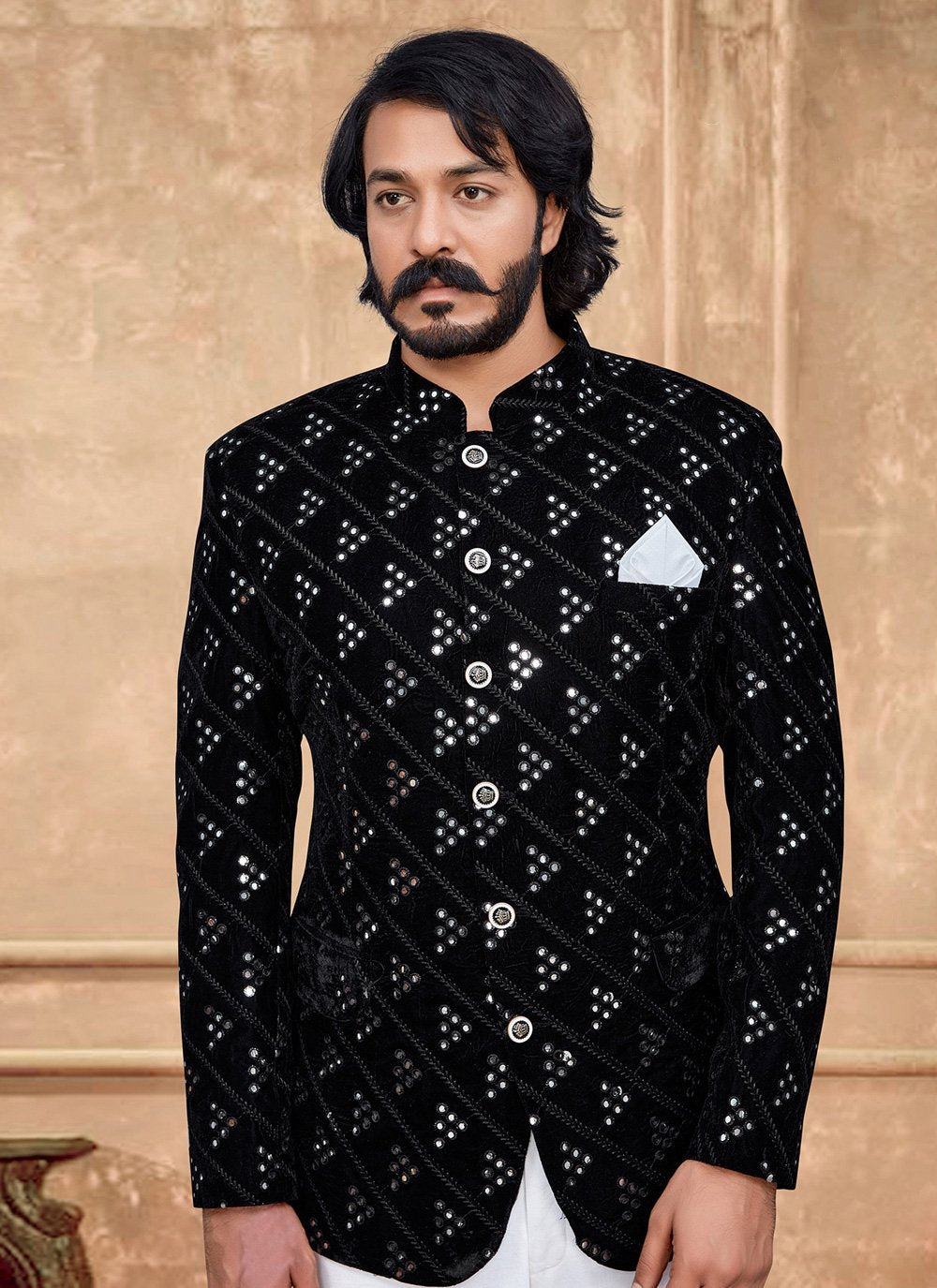 Jodhpuri Suit Velvet Black Embroidered Mens
