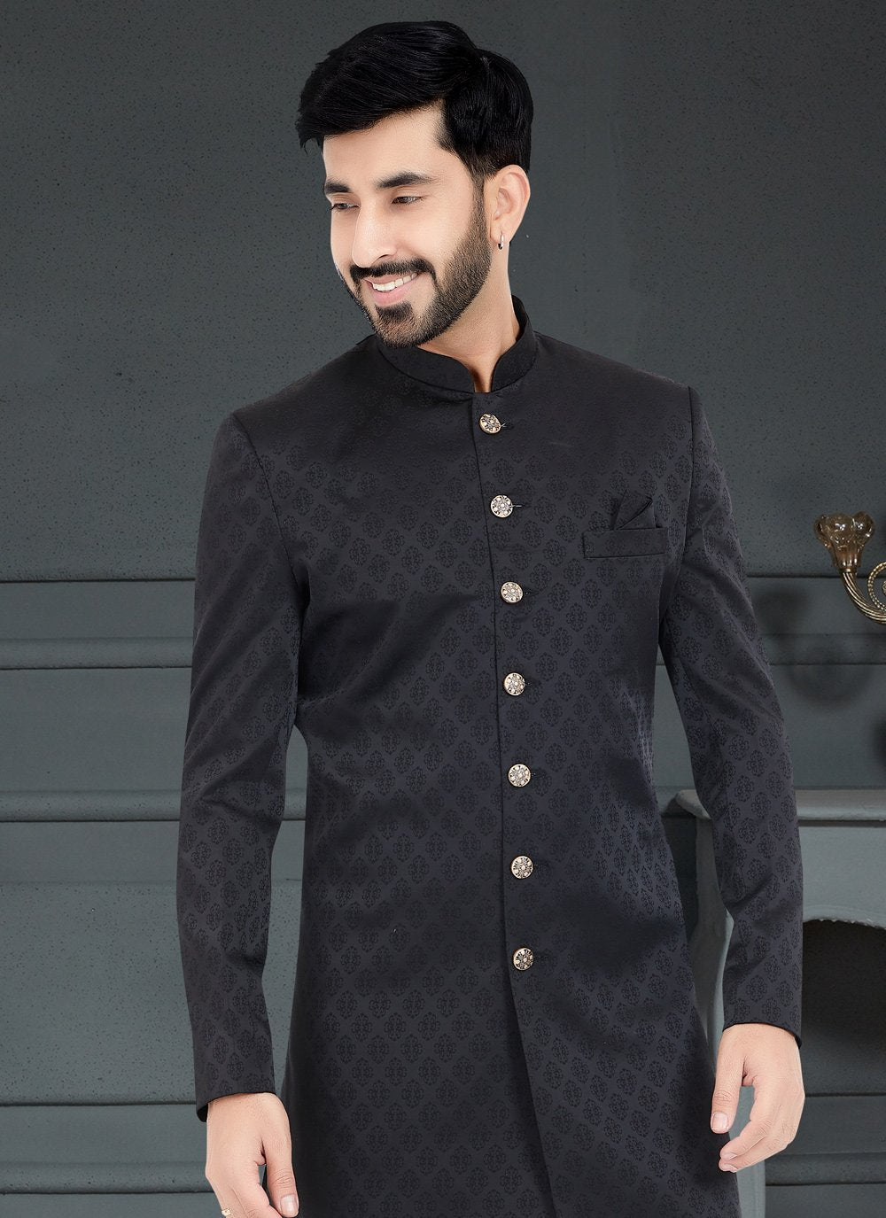 Indo Western Satin Black Weaving Mens