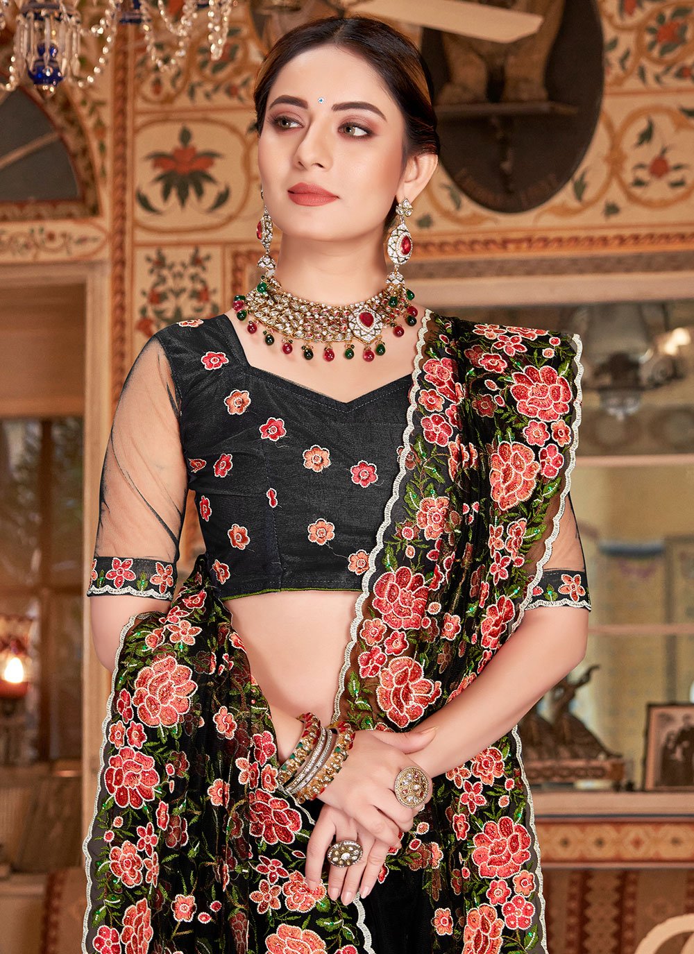 Contemporary Net Black Embroidered Saree