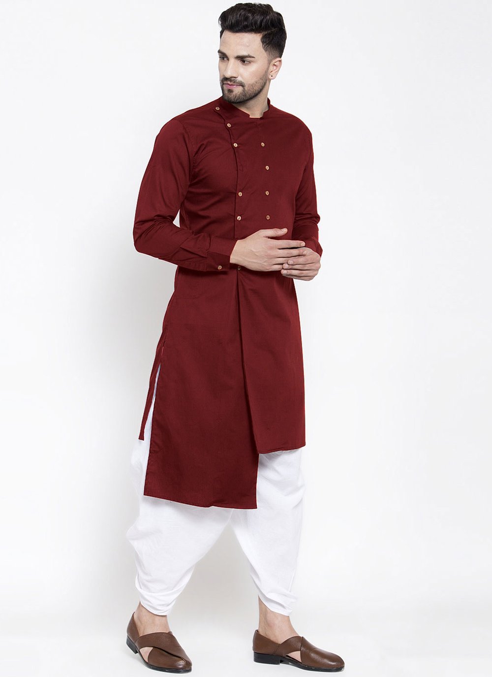 Indo Western Blended Cotton Maroon Buttons Mens