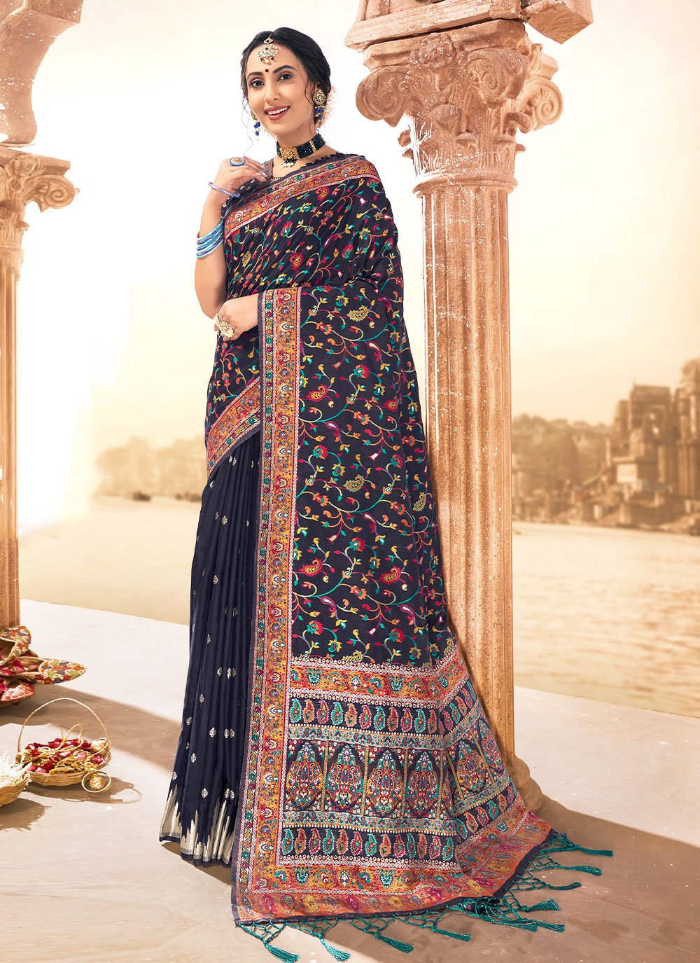 Contemporary Blended Cotton Blue Woven Saree