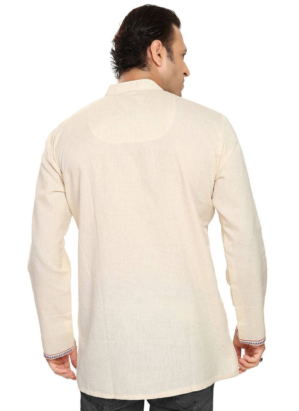 Short Kurta Blended Cotton Cream Embroidered Mens