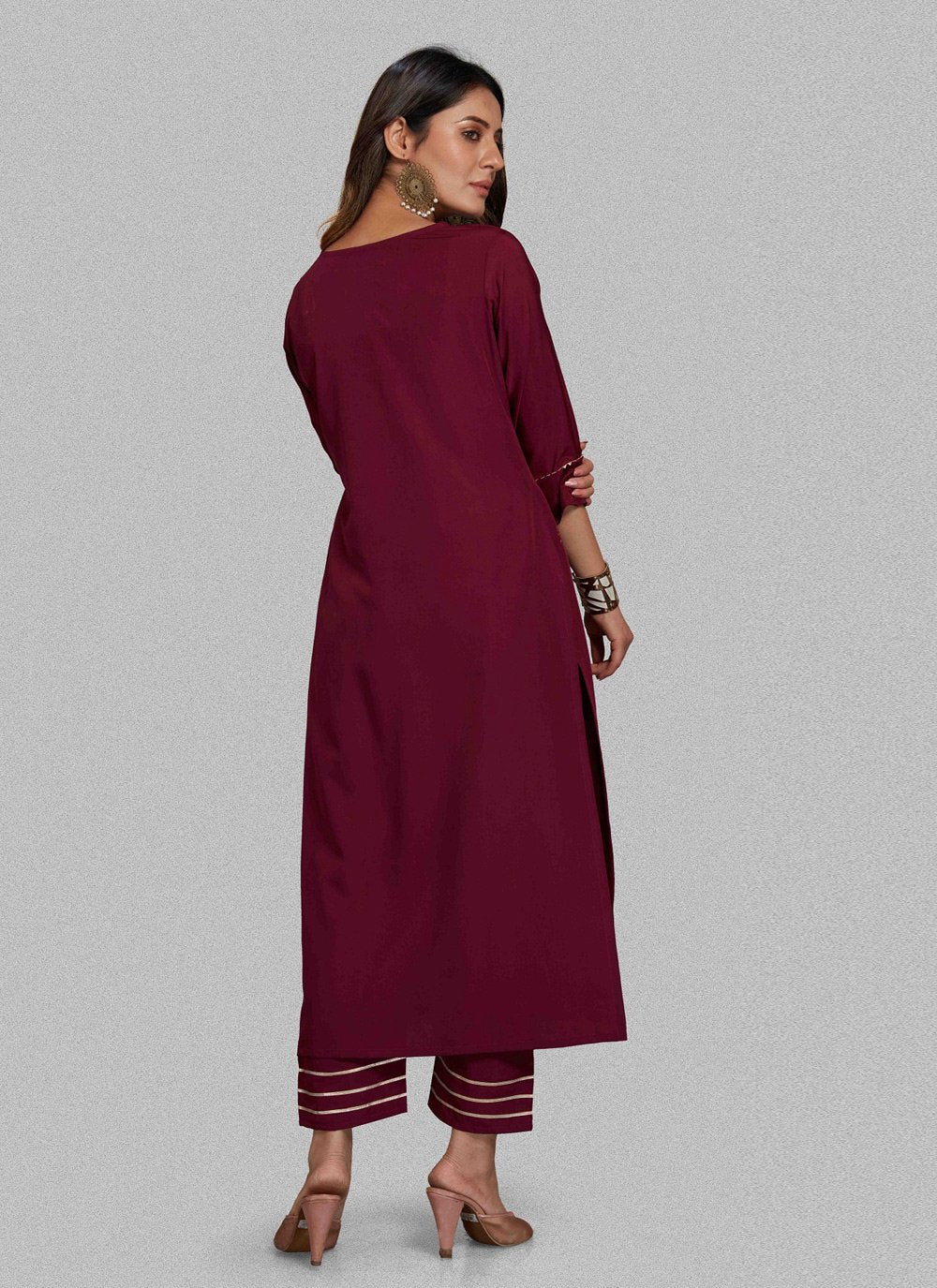 Pant Style Suit Blended Cotton Wine Print Salwar Kameez