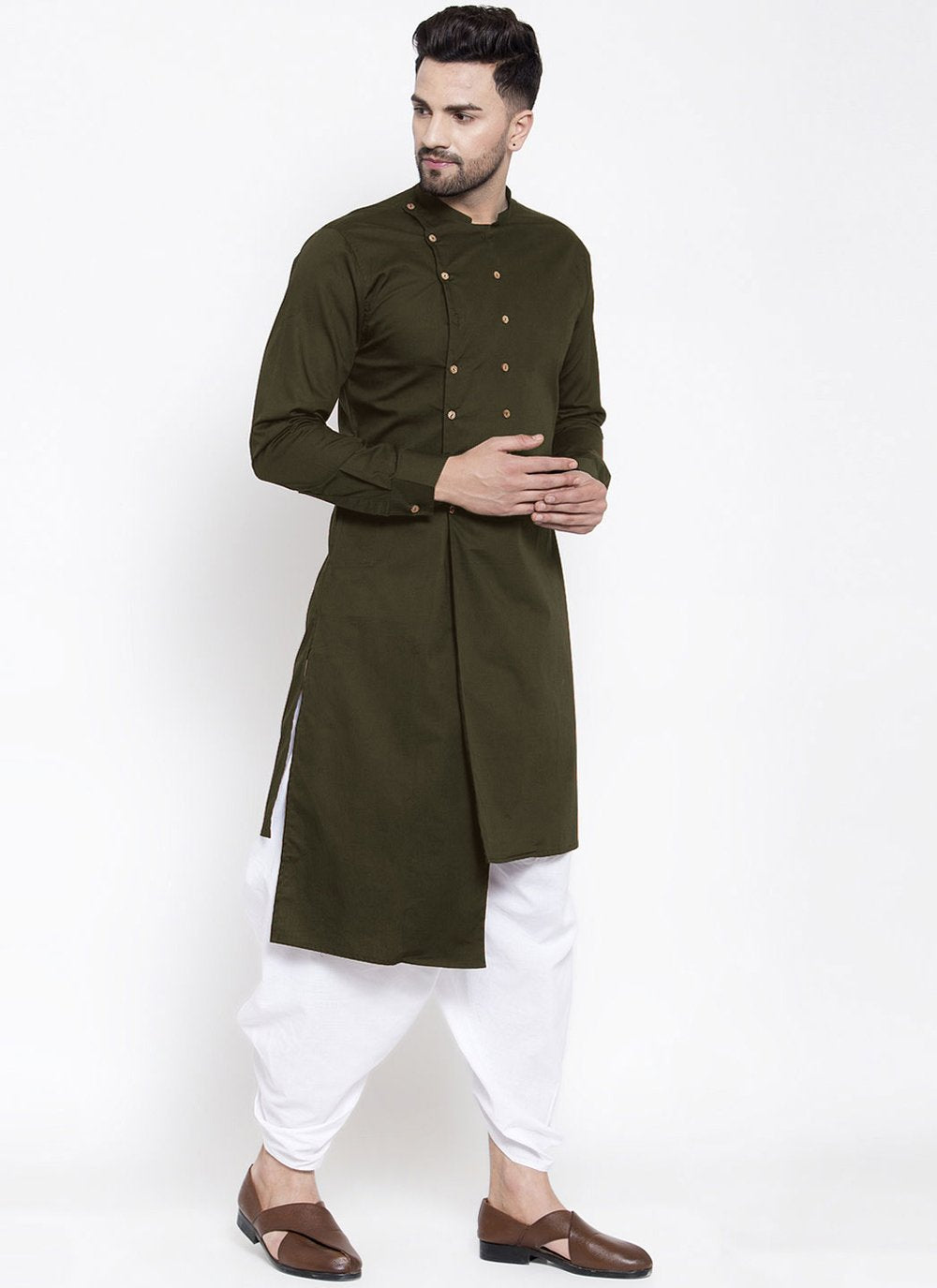 Indo Western Blended Cotton Green Buttons Mens