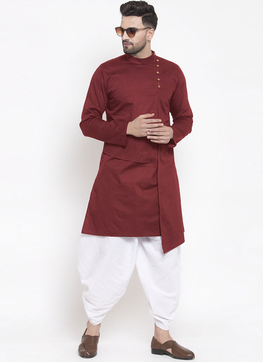 Indo Western Blended Cotton Maroon Buttons Mens