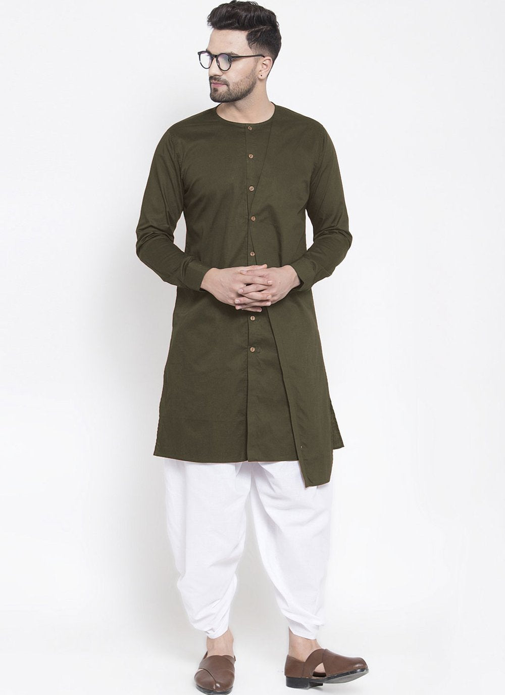 Dhoti Kurta Blended Cotton Green Plain Mens