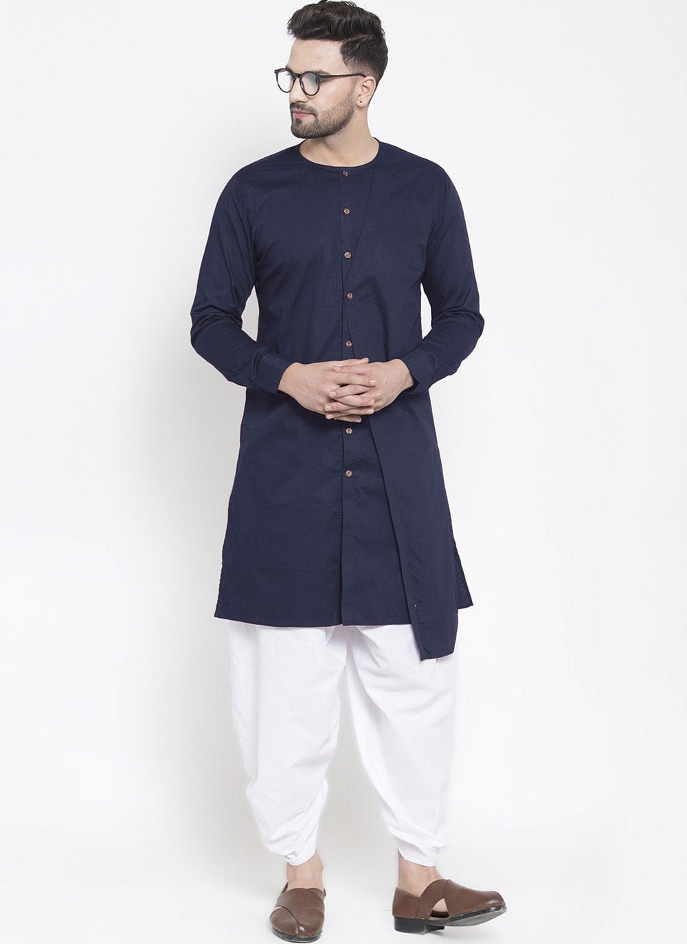 Dhoti Kurta Blended Cotton Blue Plain Mens