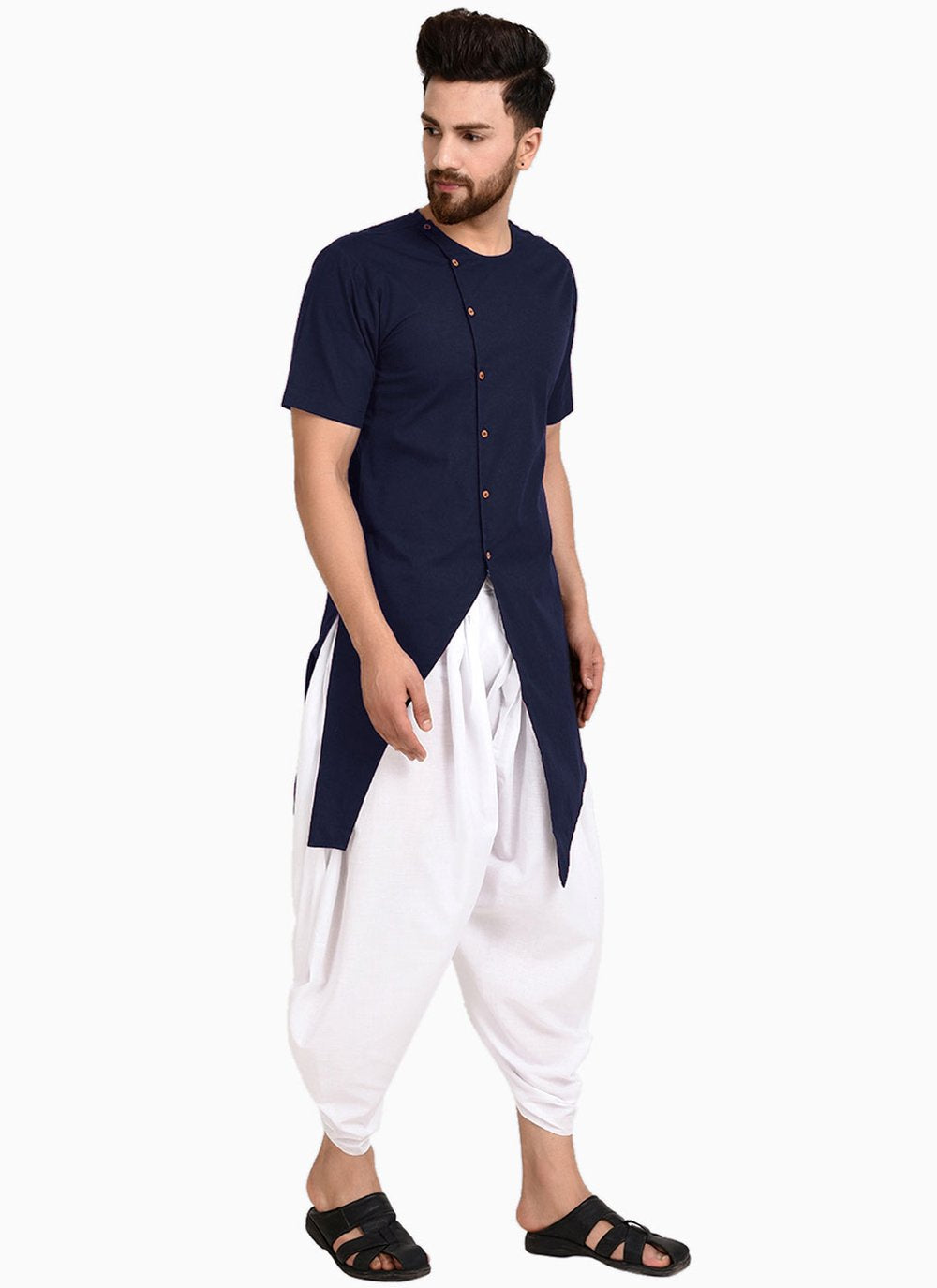 Indo Western Blended Cotton Blue Plain Mens