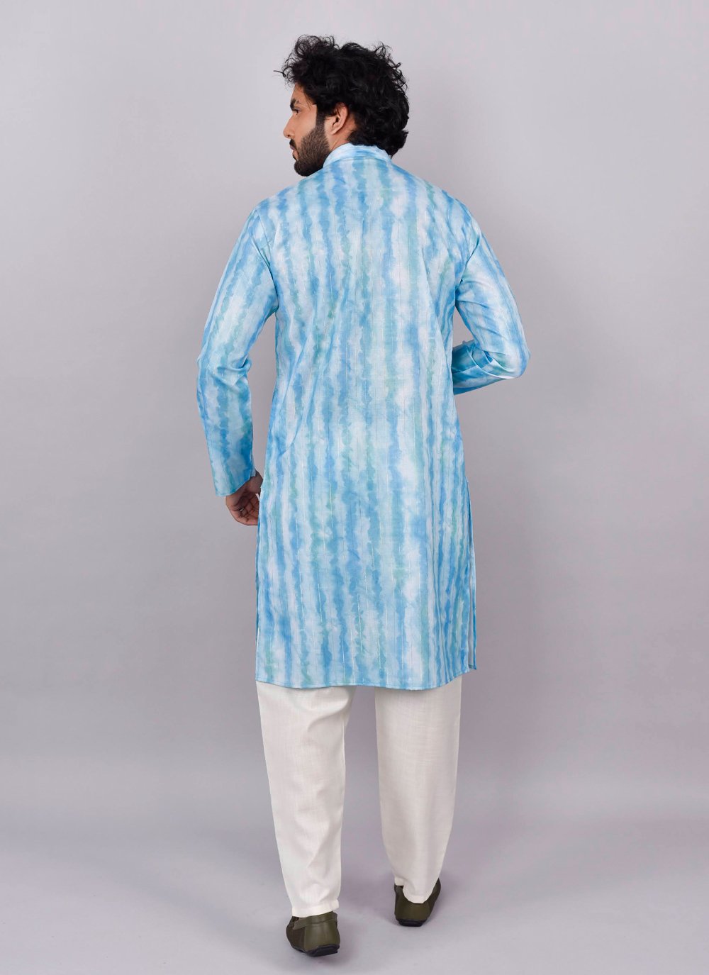 Kurta Pyjama Blended Cotton Aqua Blue Print Mens