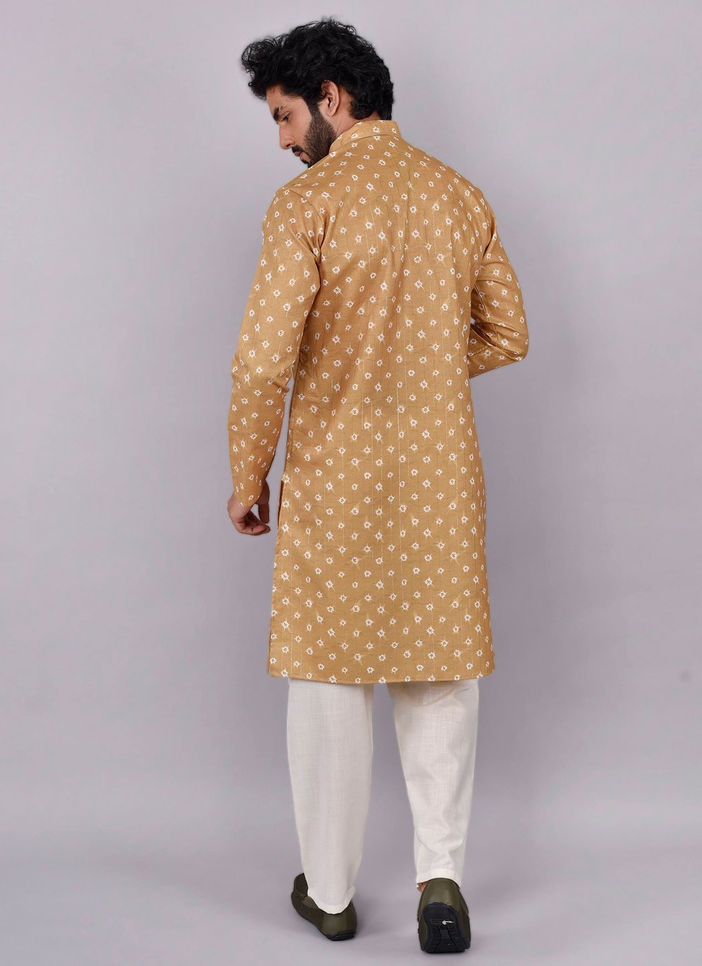 Kurta Pyjama Blended Cotton Beige Print Mens