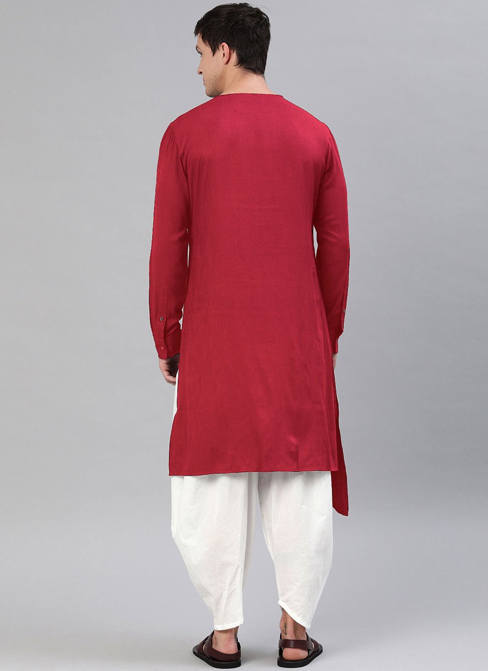 Kurta Blended Cotton Red Plain Mens