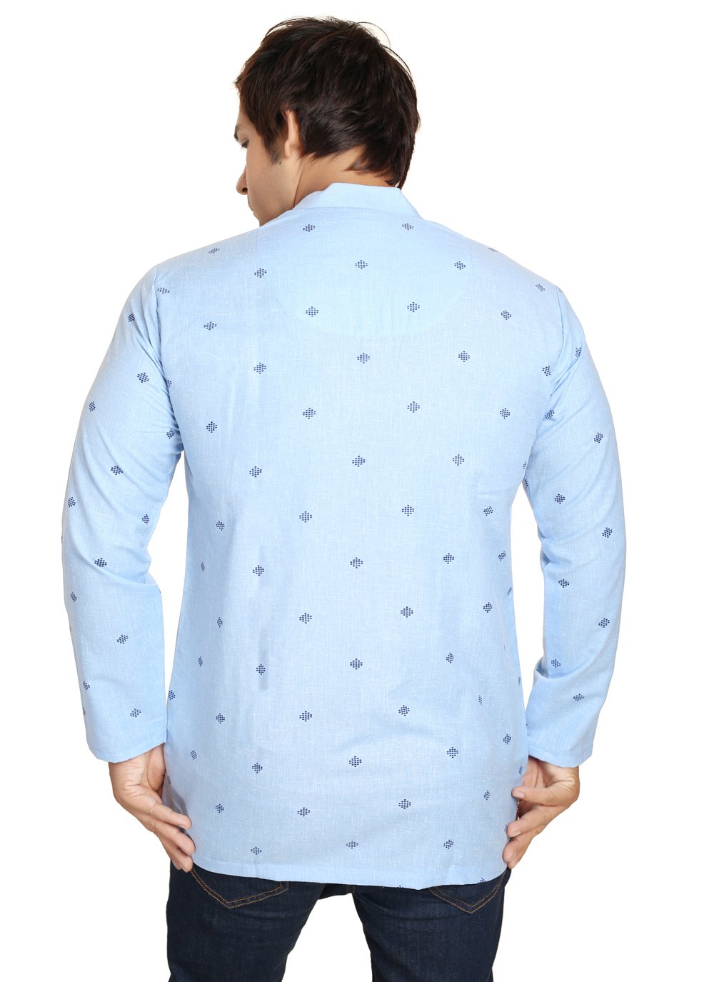 Short Kurta Blended Cotton Aqua Blue Embroidered Mens