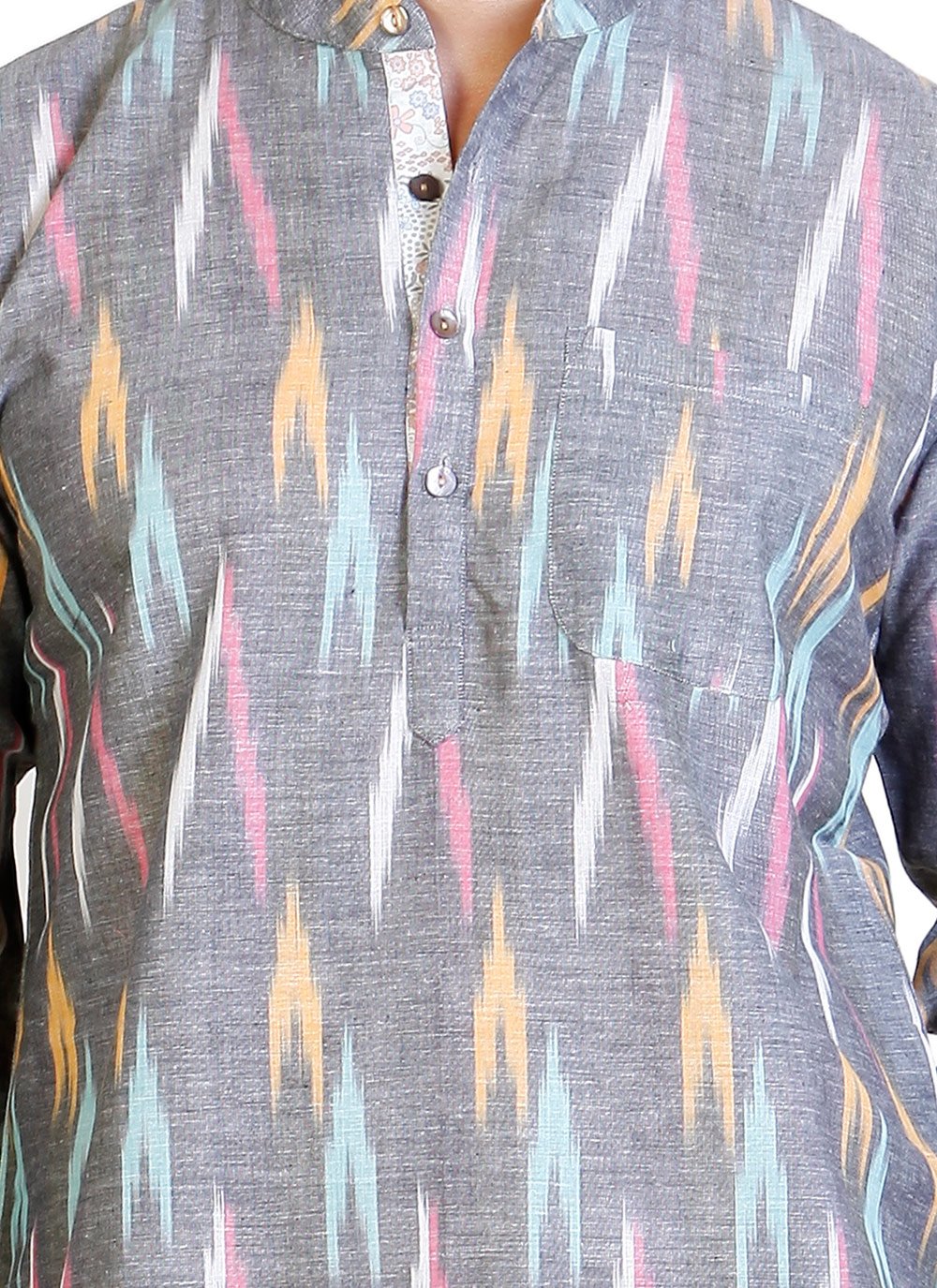 Short Kurta Blended Cotton Grey Print Mens