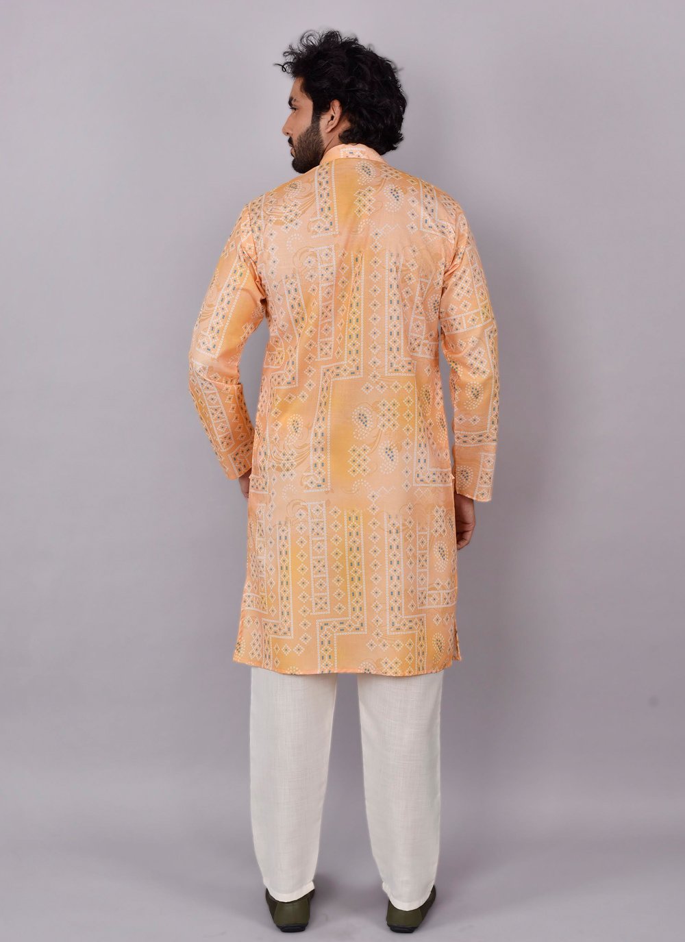 Kurta Pyjama Blended Cotton Yellow Print Mens