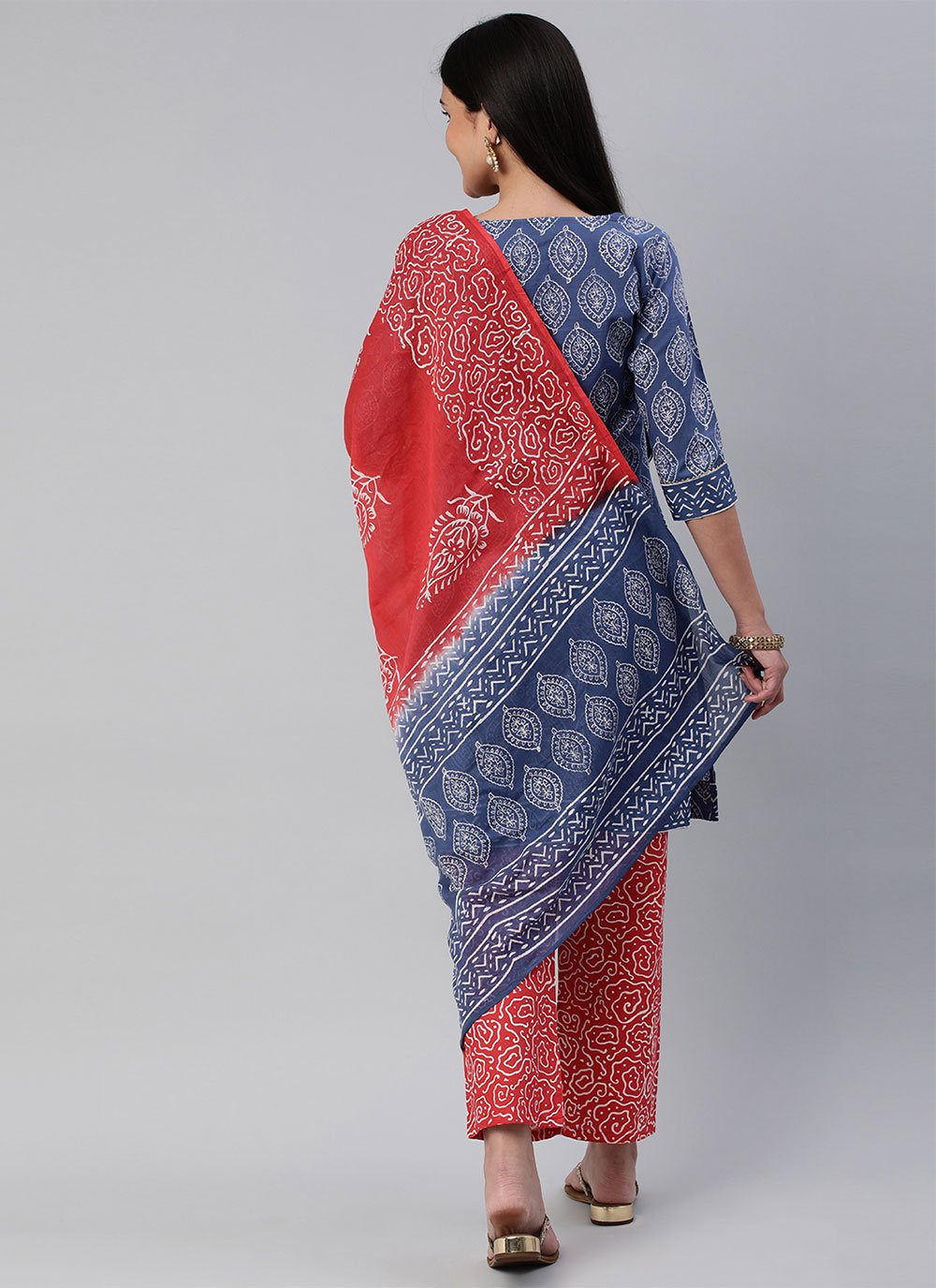 Straight Salwar Suit Cotton Blue Red Block Print Salwar Kameez