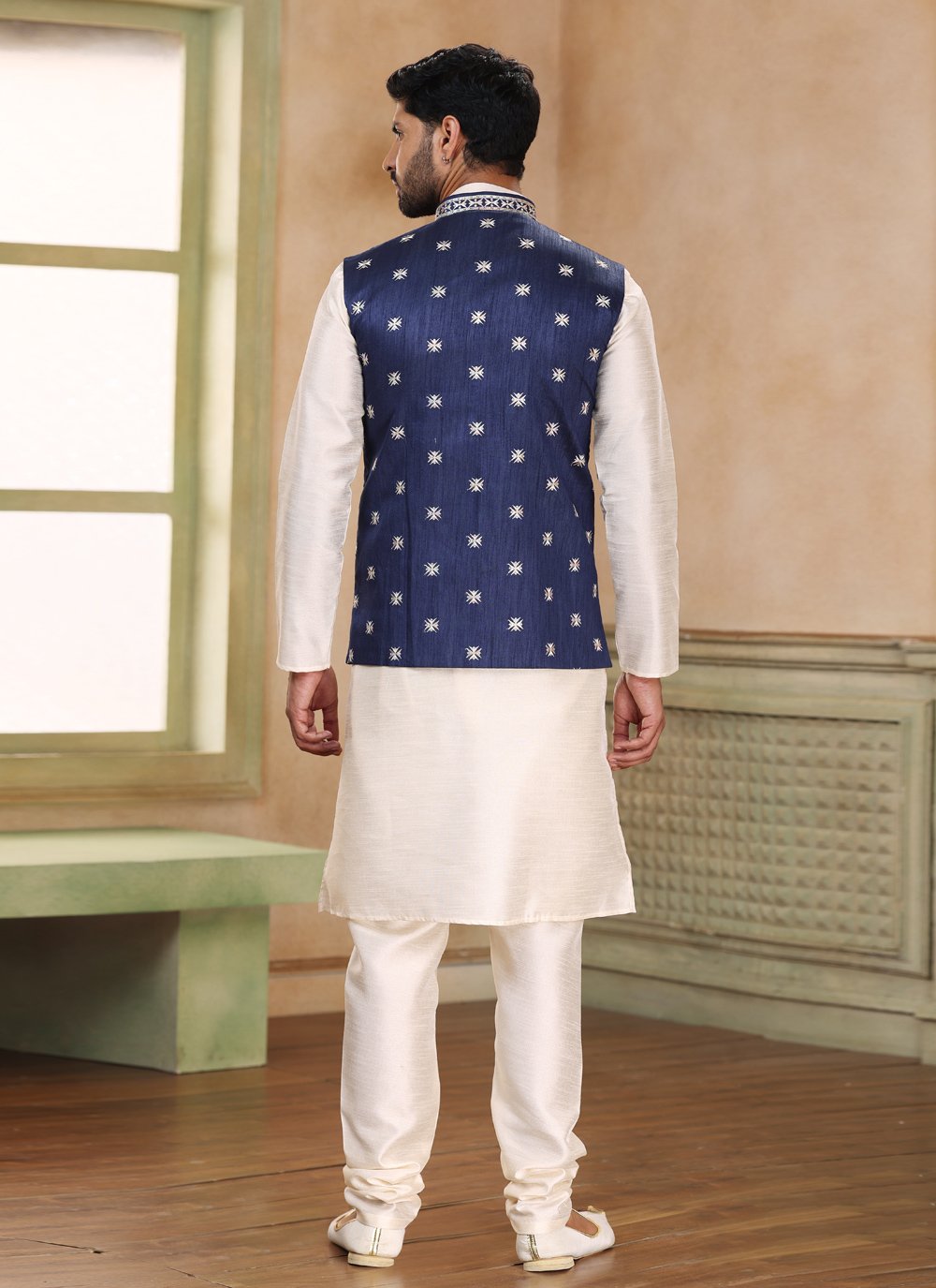 Kurta Payjama With Jacket Jacquard Silk Blue Cream Fancy Work Mens