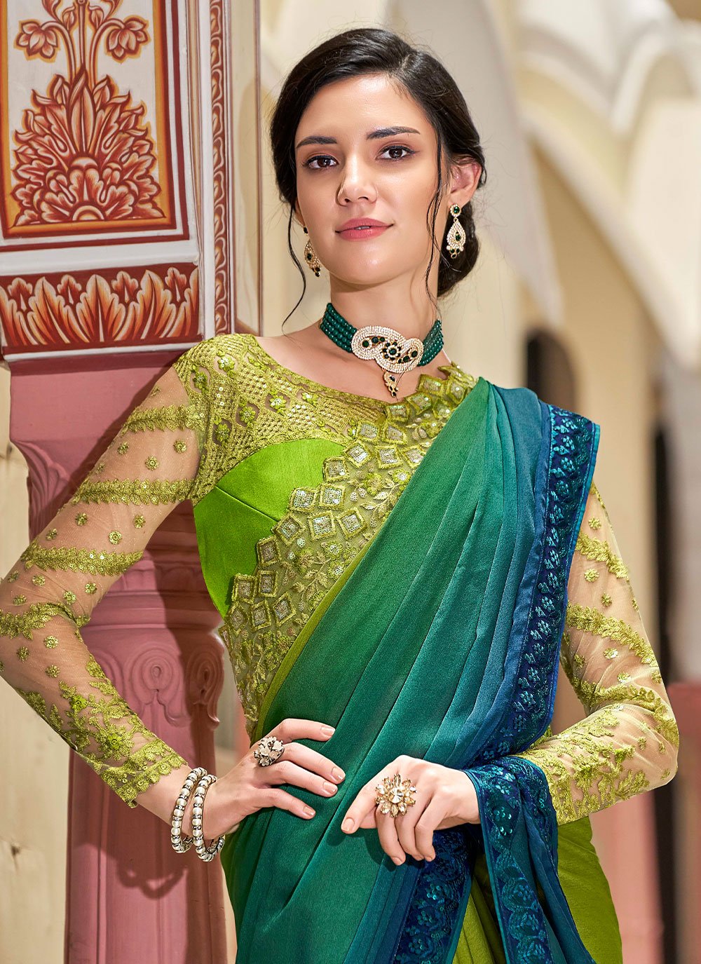 Contemporary Silk Blue Green Embroidered Saree