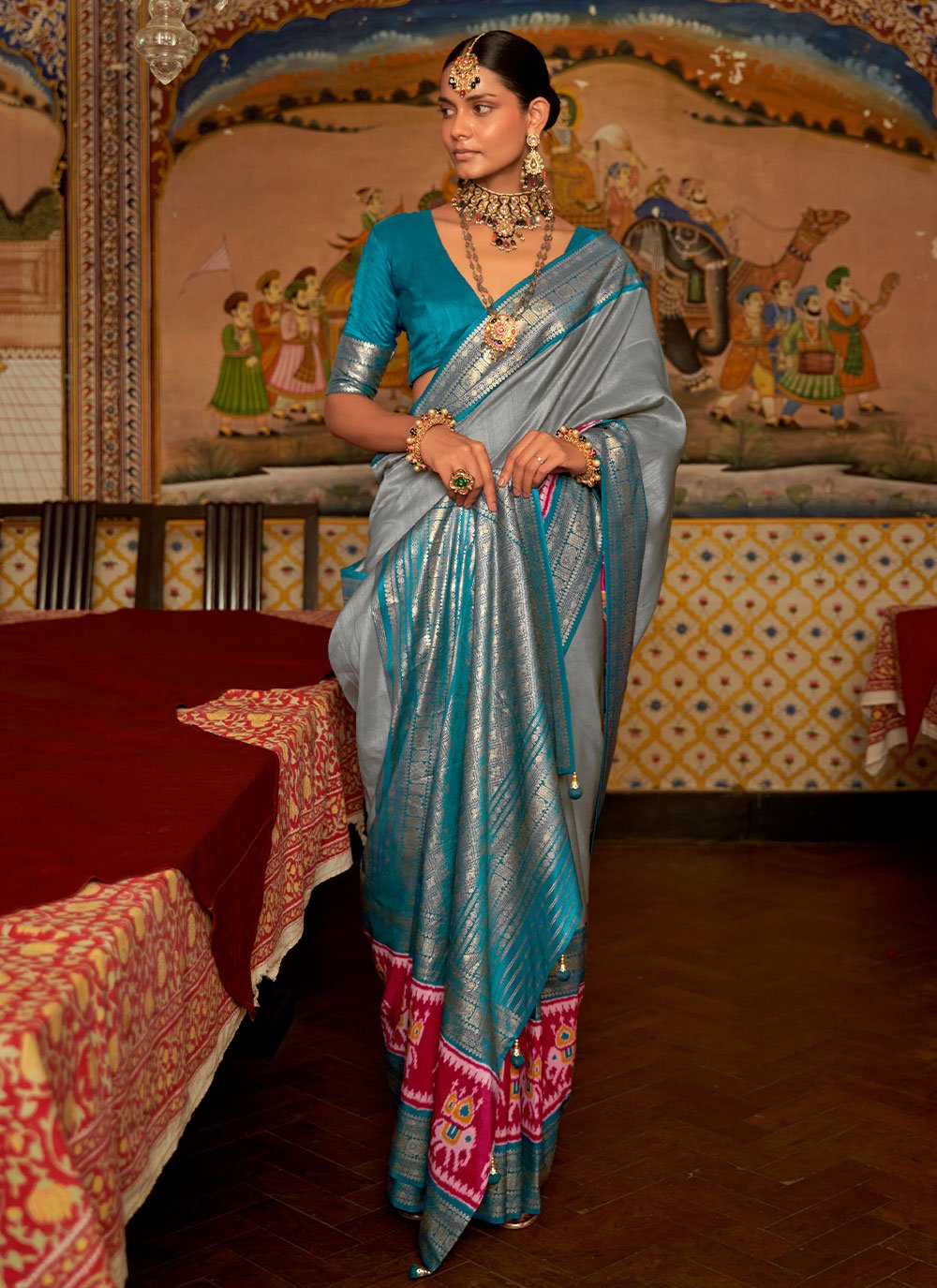 Contemporary Patola Silk Blue Grey Patch Border Saree