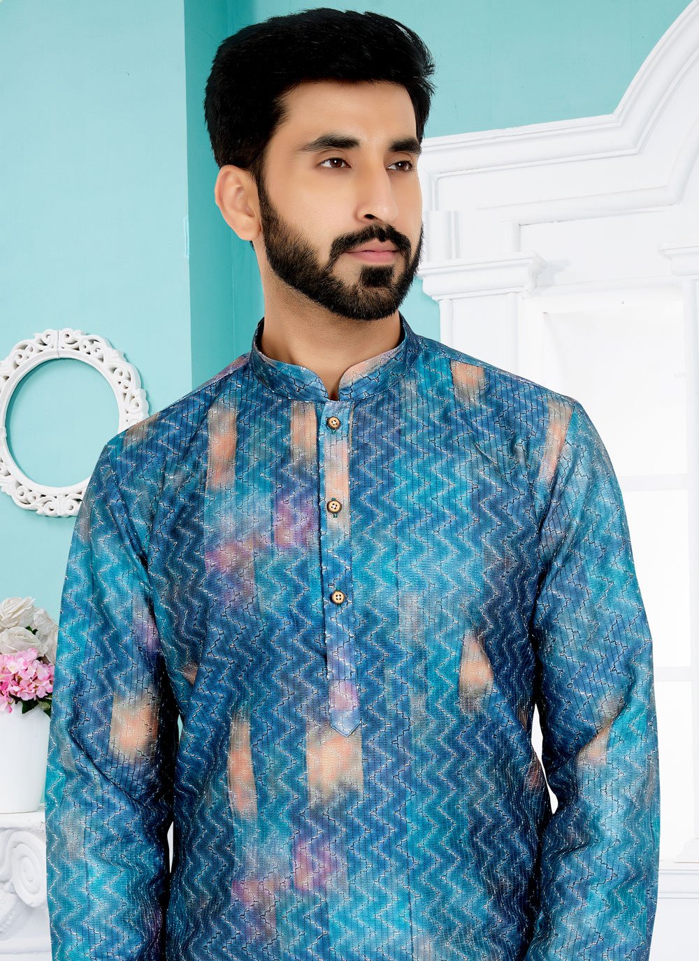 Kurta Pyjama Fancy Fabric Blue Multi Colour Digital Print Mens